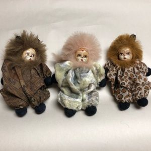 3 Ceramic Painted Cat Face Dolls